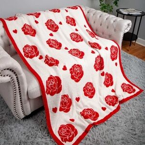 White Red Rose Pattern Design Style Stylish Cozy Cute Statement Throw Blanket